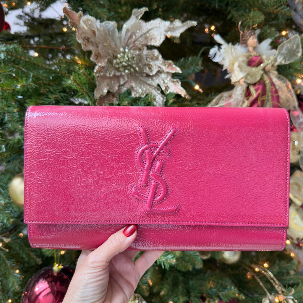 Ysl Saint Laurent Patent Leather Large Belle De Jour Fleur Corrigee Pink Clutch
